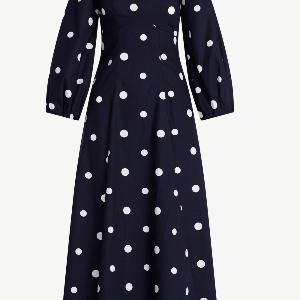 Free Assembly Cotton Polka Dot Maxi Dress Puff Sleeve Navy NWT